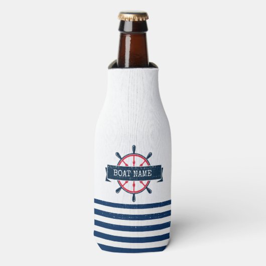 ネイビーブルーのストライプの船の舵輪 ボトルクーラー (ボトル正面)