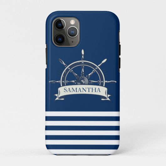 ネイビーブルーのストライプの船の舵輪 Case-Mate iPhoneケース (裏面)