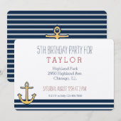 ネイビーブルーのストライプの錨 招待状 (正面/裏面)