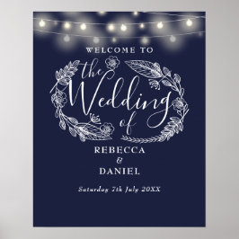 ネイビーブルーのストリングライト ウェルカムサイン 結婚式 ポスター