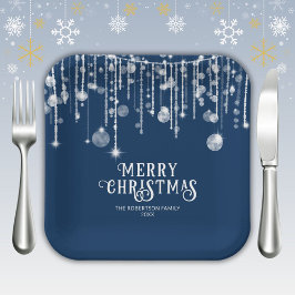 ネイビーブルーのストリングライト クリスマスパーティー ペーパープレート