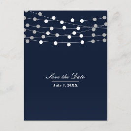 ネイビーブルーのストリングライト モダンチックなSave the Date 案内ポストカード