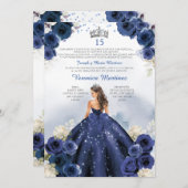 ネイビーブルーのスペインのプリンセス 15歳の誕生日 招待状 (正面/裏面)