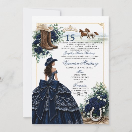 ネイビーブルーのスペイン西部風Quinceañera招待状 招待状 (正面)