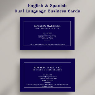 ネイビーブルーのスペイン語英語バイリンガル弁護士名刺(カスタム) 名刺