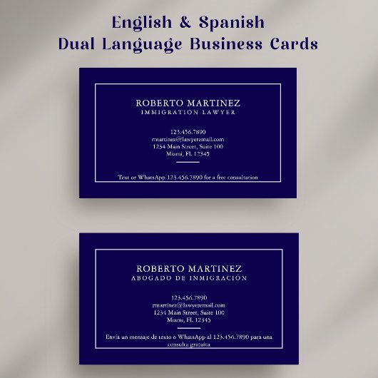 ネイビーブルーのスペイン語英語バイリンガル弁護士名刺(カスタム) 名刺