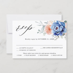 ネイビーブルーのスレート ダスティーブルッシュピンクの花の結婚式 出欠カード
