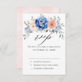ネイビーブルーのスレート ダスティーブルッシュ ピンク フローラル ウェディング 出欠カード (正面/裏面)