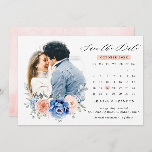 ネイビーブルーのスレート ダスティーブルッシュ フローラル ウェディング フォト セーブザデート (正面/裏面)