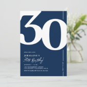 ネイビーブルーのセリフ体30歳の誕生日招待状 招待状 (スタンド正面)
