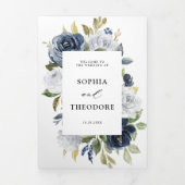 ネイビーブルーのダスティホワイト フローラル ボタニカル ウェディング 三つ折り案内状 (カバー)