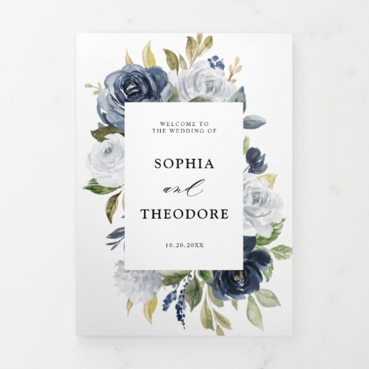 ネイビーブルーのダスティホワイト フローラル ボタニカル ウェディング 三つ折り案内状 (カバー)
