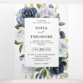 ネイビーブルーのダスティホワイト フローラル ボタニカル ウェディング 三つ折り案内状 (内部中)