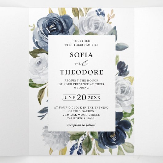 ネイビーブルーのダスティホワイト フローラル ボタニカル ウェディング 三つ折り案内状 (内部中)