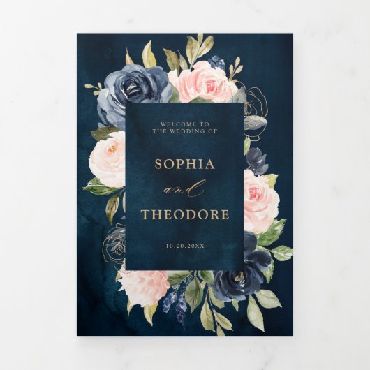 ネイビーブルーのダスティーブルッシュピンクの花のウェディングトリフォールド 三つ折り案内状 (カバー)