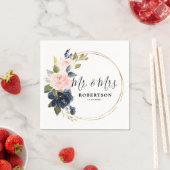ネイビーブルーのダスティーブルッシュピンクの花のウェディング スタンダードカクテルナプキン (インサイチュ)