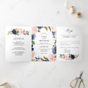 ネイビーブルーのダスティーブルッシュピンクの花のウェディング 三つ折り案内状