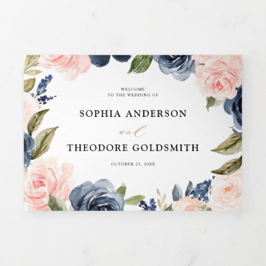ネイビーブルーのダスティーブルッシュピンクの花のウェディング 三つ折り案内状 (カバー)