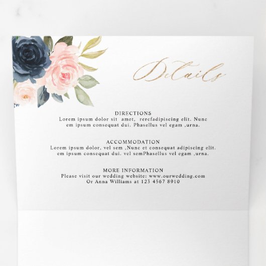 ネイビーブルーのダスティーブルッシュピンクの花のウェディング 三つ折り案内状 (内部最初)