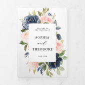 ネイビーブルーのダスティーブルッシュピンクの花の結婚式 三つ折り案内状 (カバー)