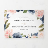 ネイビーブルーのダスティーブルッシュピンクの花の結婚式 三つ折り案内状 (カバー)