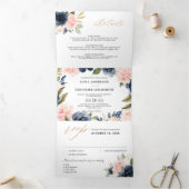 ネイビーブルーのダスティーブルッシュピンクの花の結婚式 三つ折り案内状 (内部)