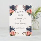 ネイビーブルーのダスティーローズの花の結婚式のSave the Date 招待状 (スタンド正面)