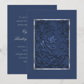 ネイビーブルーのダマスク柄 メタリックエンボス加工 招待状 (正面/裏面)