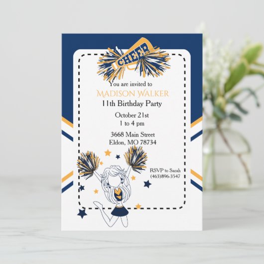 ネイビーブルーのチアリーダー誕生日パーティー&金ゴールド 招待状 (スタンド正面)