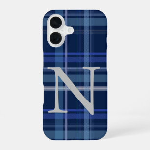 ネイビーブルーのチェックタータン かわいいレトロモノグラム iPhone 16ケース