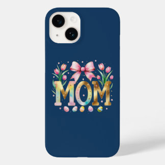 ネイビーブルーのチューリップ入りMOMタイポグラフィ Case-Mate iPhone 14ケース