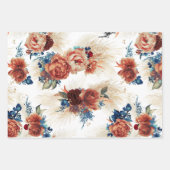 ネイビーブルーのテラコッタ フローラル パンパス グラス ボタニカル ラッピングペーパーシート (正面)