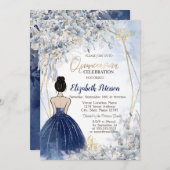 ネイビーブルーのドレスの少女、青い花のキンセアニエラ 招待状 (正面/裏面)