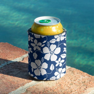 ネイビーブルーのハワイアンハラ(ハイビスカス)柄 缶クーラー