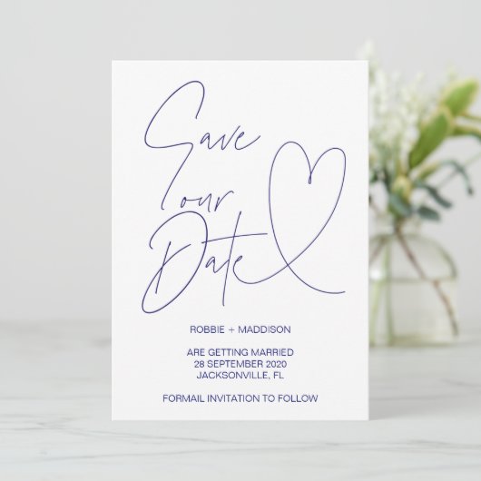 ネイビーブルーのハート Save Our Date 結婚式招待状 招待状 (スタンド正面)