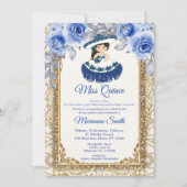 ネイビーブルーのバラとゴールドのキンセアニエラ招待状 招待状 (正面)