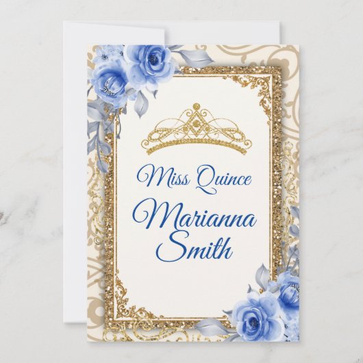 ネイビーブルーのバラとゴールドのキンセアニエラ招待状 招待状 (裏面)