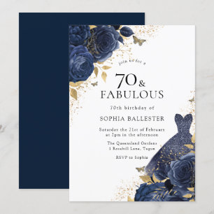 ネイビーブルーのバラとドレス ゴールド 70 & ファビュラス 70th 招待状