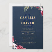 ネイビーブルーのバラとベリーの花柄 ワインレッドの冬の秋 招待状 (正面)