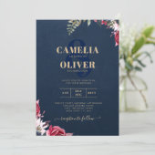 ネイビーブルーのバラとベリーの花柄 ワインレッドの冬の秋 招待状 (スタンド正面)