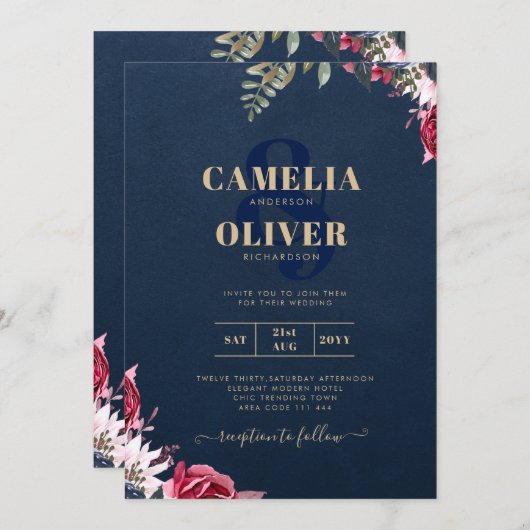 ネイビーブルーのバラとベリーの花柄 ワインレッドの冬の秋 招待状 (正面/裏面)
