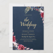 ネイビーブルーのバラとベリーの花柄 ワインレッド 秋 冬 招待状 (正面)