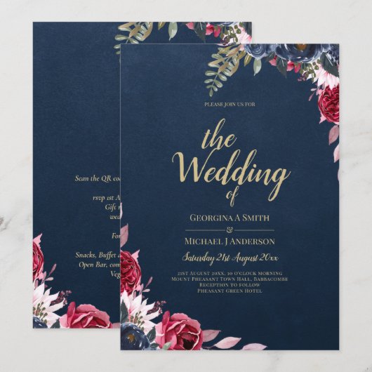 ネイビーブルーのバラとベリーの花柄 ワインレッド 秋 冬 招待状 (正面/裏面)