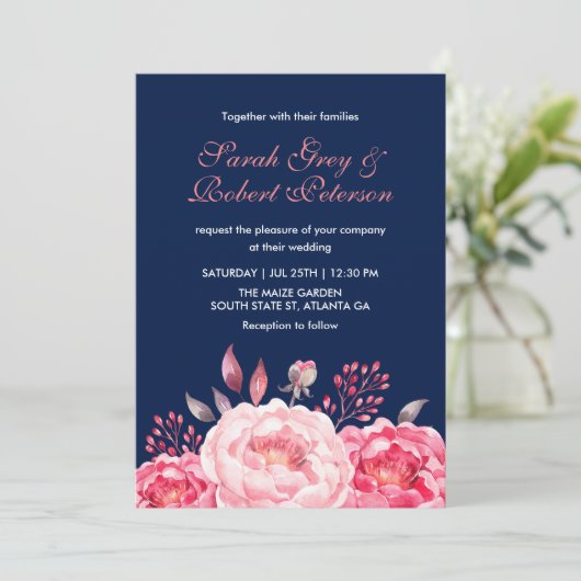 ネイビーブルーのバラのストライプの花の結婚式招待状 招待状 (スタンド正面)