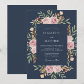 ネイビーブルーのバラの結婚式 招待状 (正面/裏面)