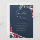ネイビーブルーのバラの花とワインレッドの冬の花束 招待状 (正面)