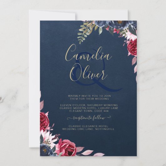 ネイビーブルーのバラの花束 ワインレッドの冬の秋 招待状 (正面)