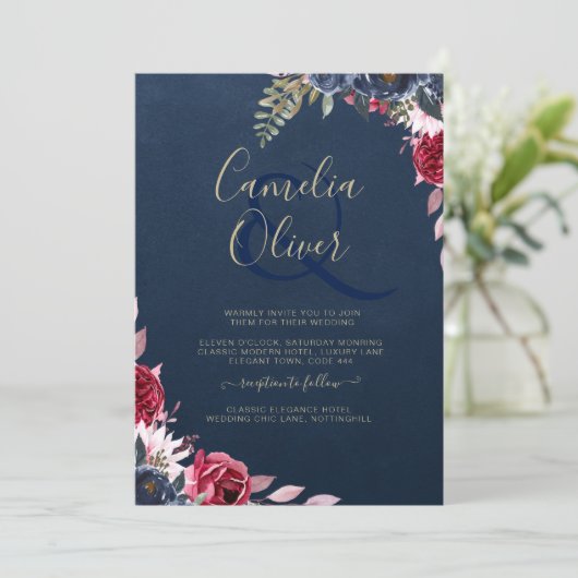 ネイビーブルーのバラの花束 ワインレッドの冬の秋 招待状 (スタンド正面)