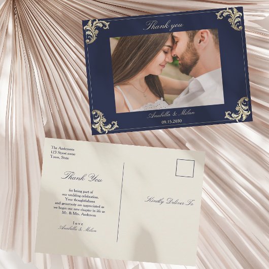 ネイビーブルーのバロック 結婚式のお礼 ポストカード