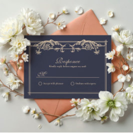 ネイビーブルーのバロック 結婚式RSVPカード サンキューカード